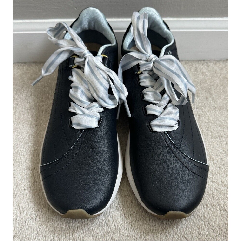 Athleta Saysh Two Navy Blue Leather Sneakers Size 8.5 Satin Ribbon Laces